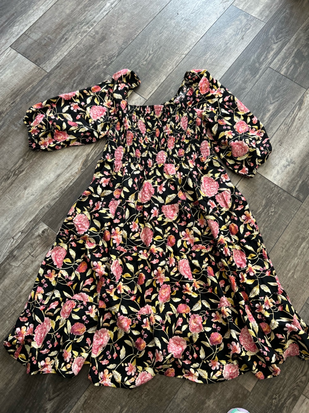 Fall Short Sleeve Black Floral Peasant Dress with Pink Roses Large BP2